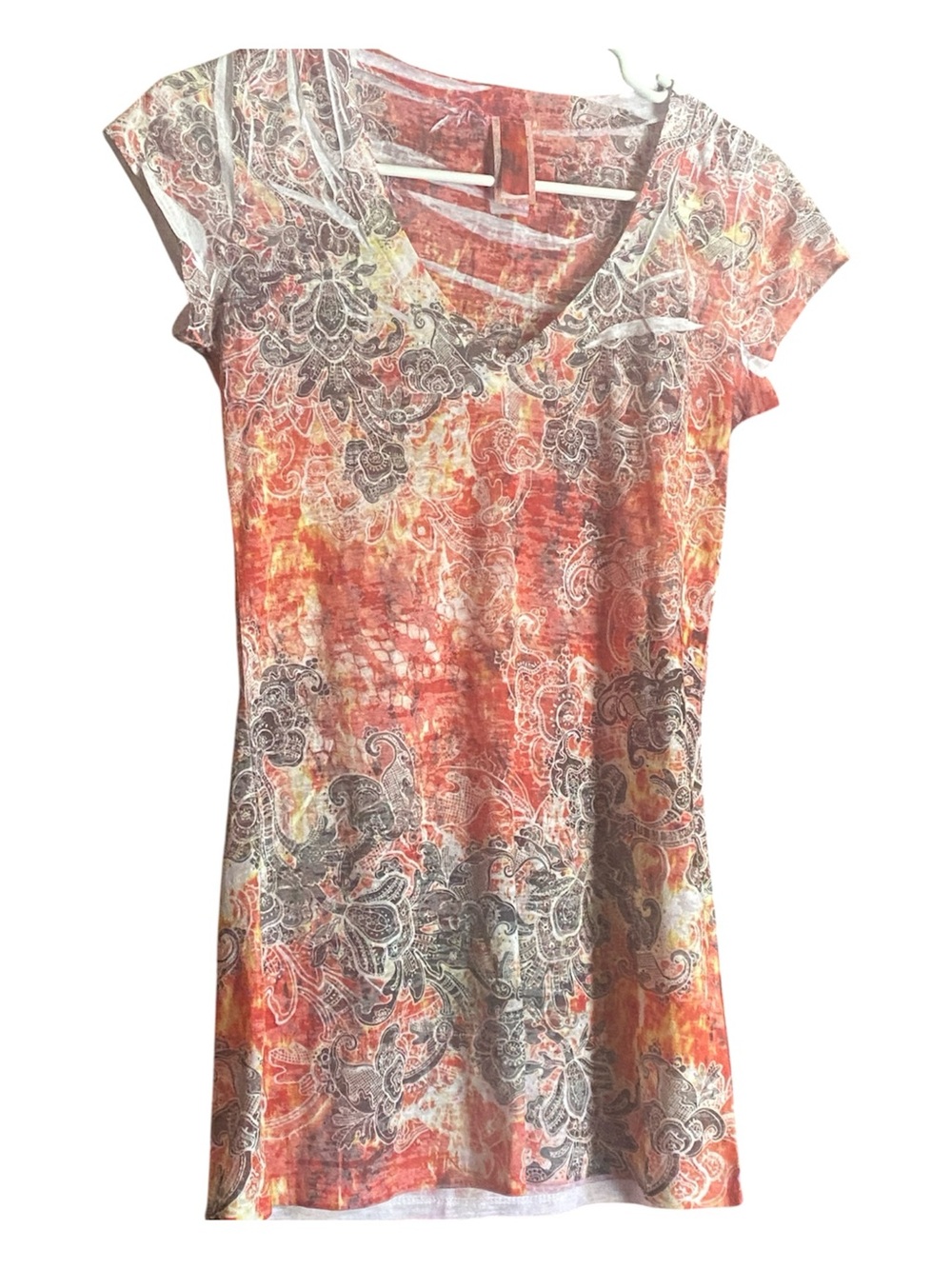 Women's V-Neck Short Sleeve Top - Orange Floral Print